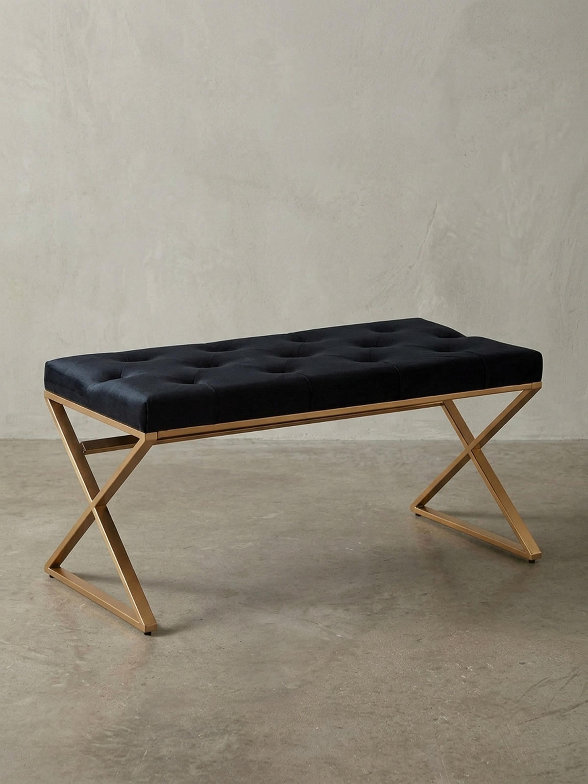 SITZBANK – Samt, Schwarz, Chesterfield-Stil, Metallgestell Gold - Goldfarben/Schwarz, Textil/Metall (90/46/44cm) - KADIMA DESIGN