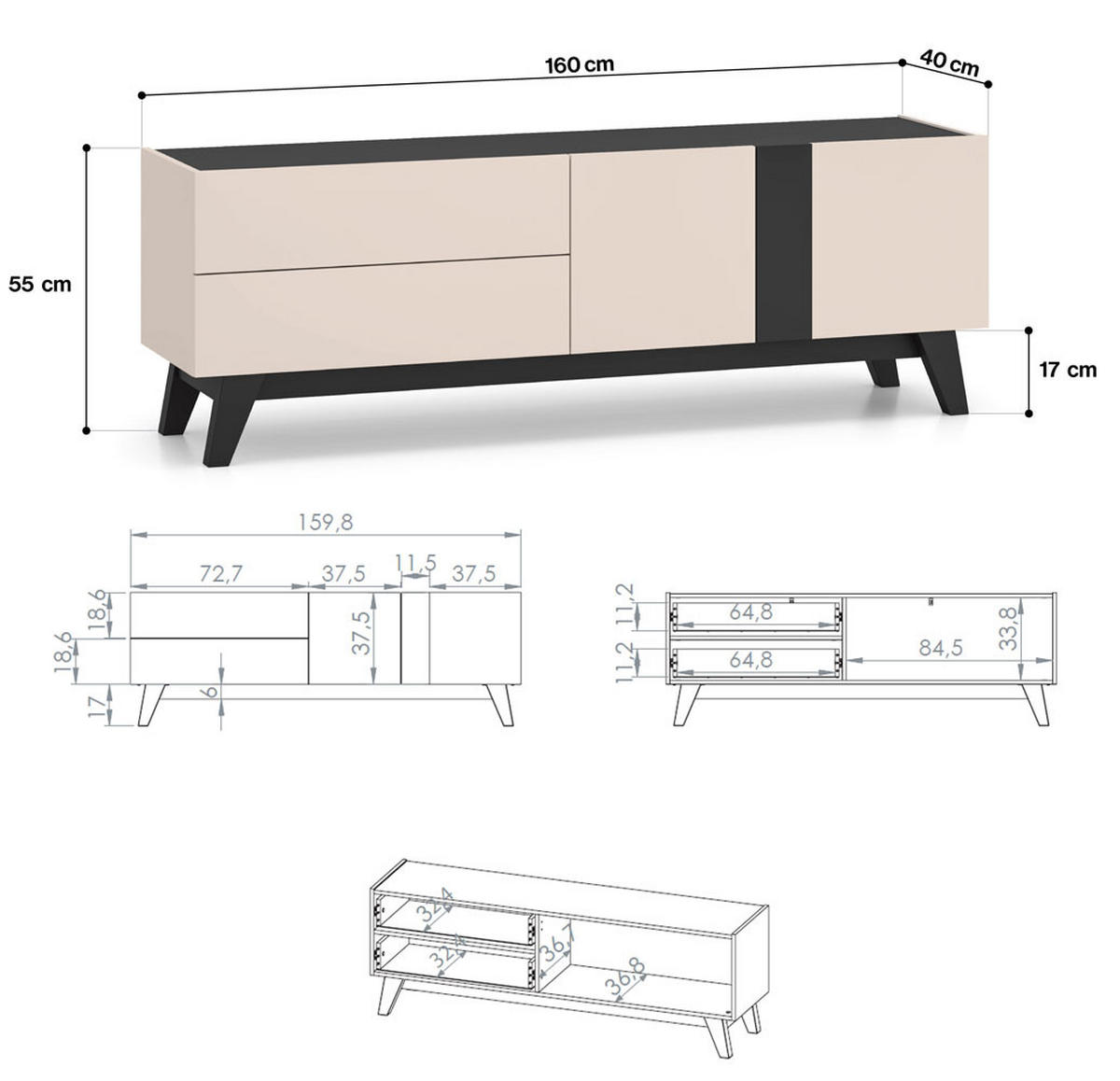 LOWBOARD Freshion Kaschmir / Schwarz 160 / 40 / 55cm - Multicolor/Creme, Holz/Holzwerkstoff (160/55/40cm) - Feldmann-Wohnen