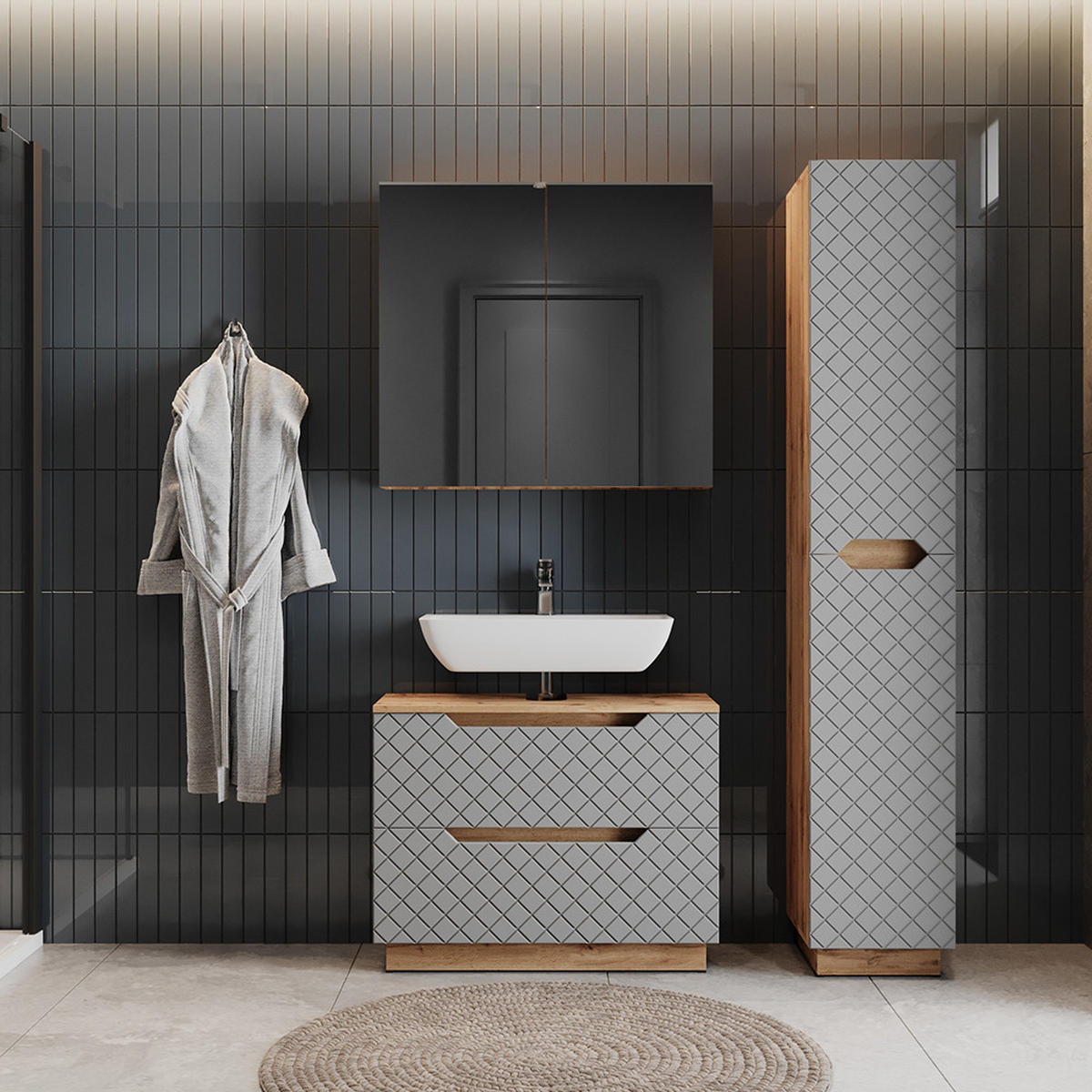 BADMÖBEL-SET Lotta Eiche/Grau mit Kachelstruktur 3 Teile - Eichefarben/Grau, Holzwerkstoff (79.6/62.5/32cm) - Vicco