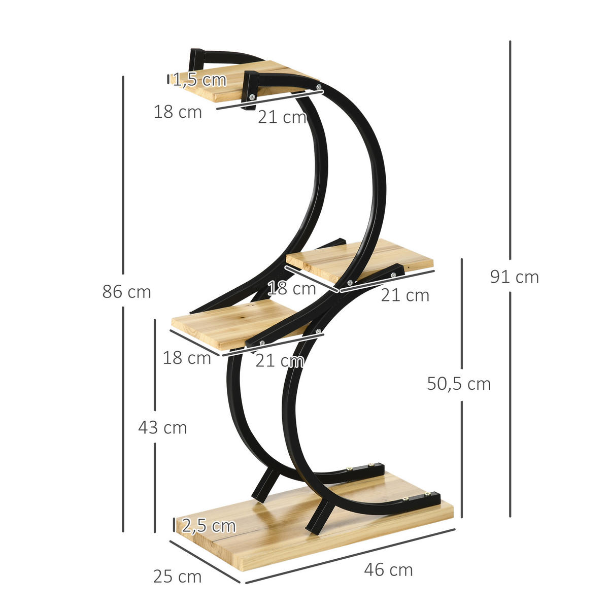 PFLANZENREGAL, Tannenholz, Eisen, Natur+Schwarz - Multicolor, Holz (25/91/46cm) - Outsunny