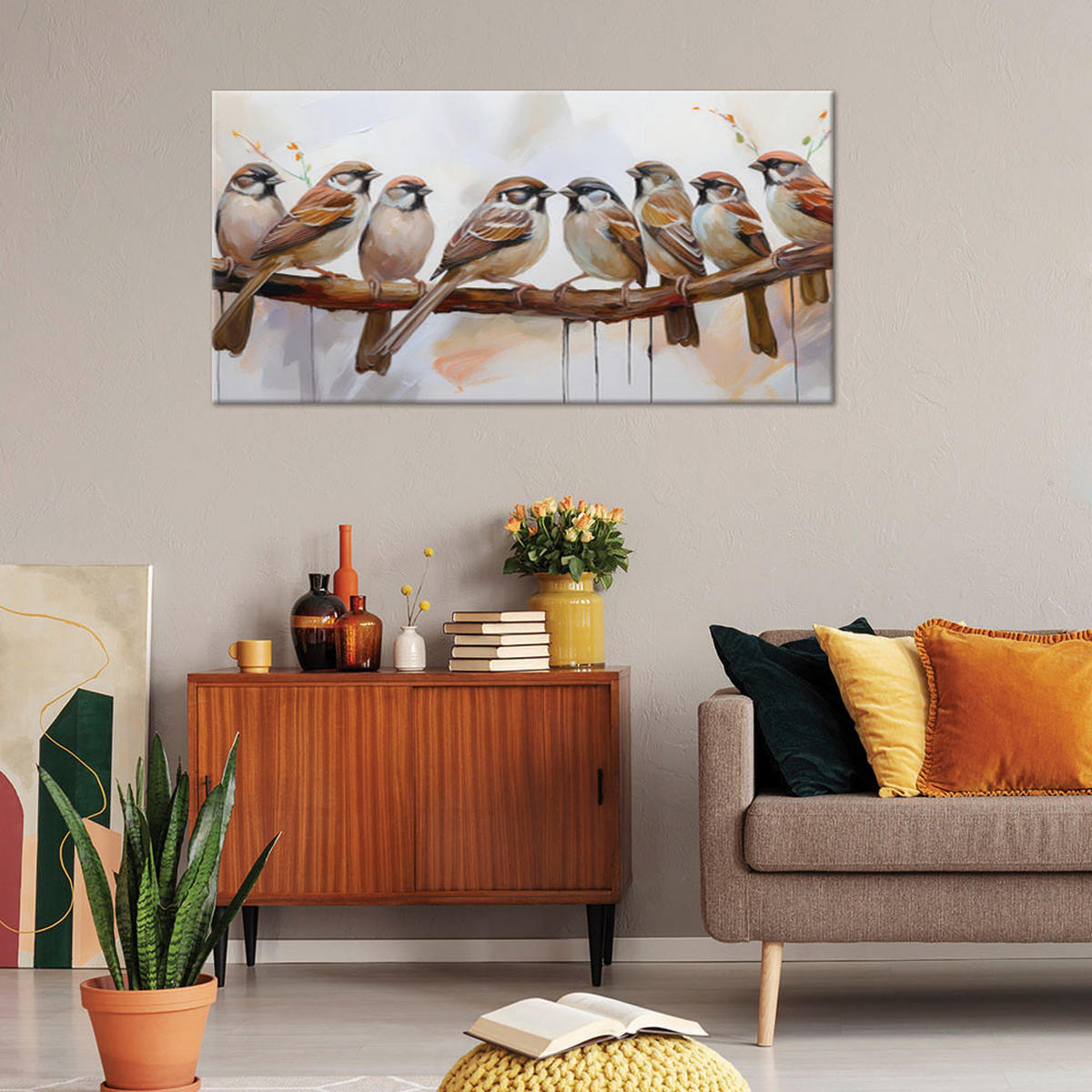 LEINWANDBILD Vögel auf einem braunen Zweig 100x50cm - Beige, Textil (100/50cm) - Feeby