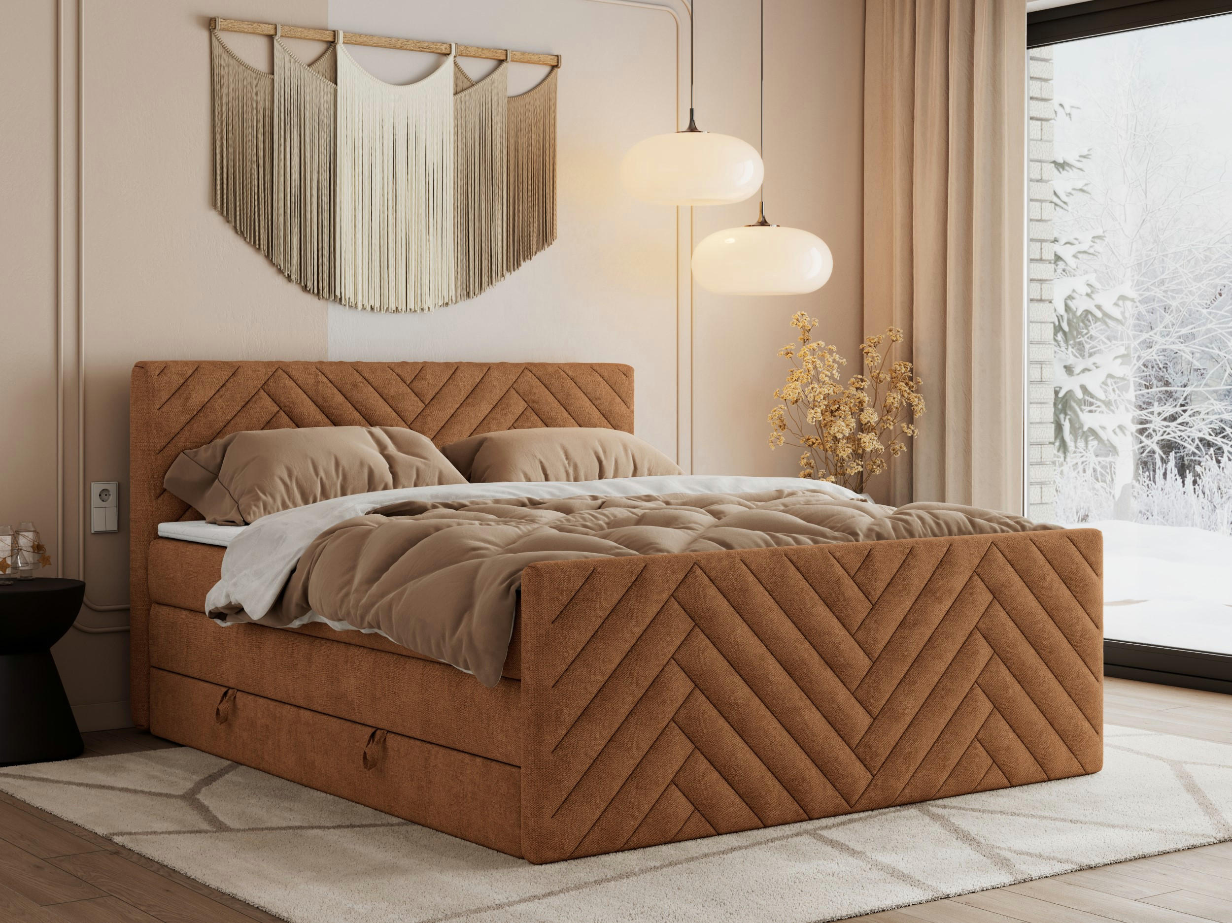 BOXSPRINGBETT PARIS KING DUO - 120/200 - Orange Struktur - H3 - Orange, Holz/Textil (120/200cm) - MKS