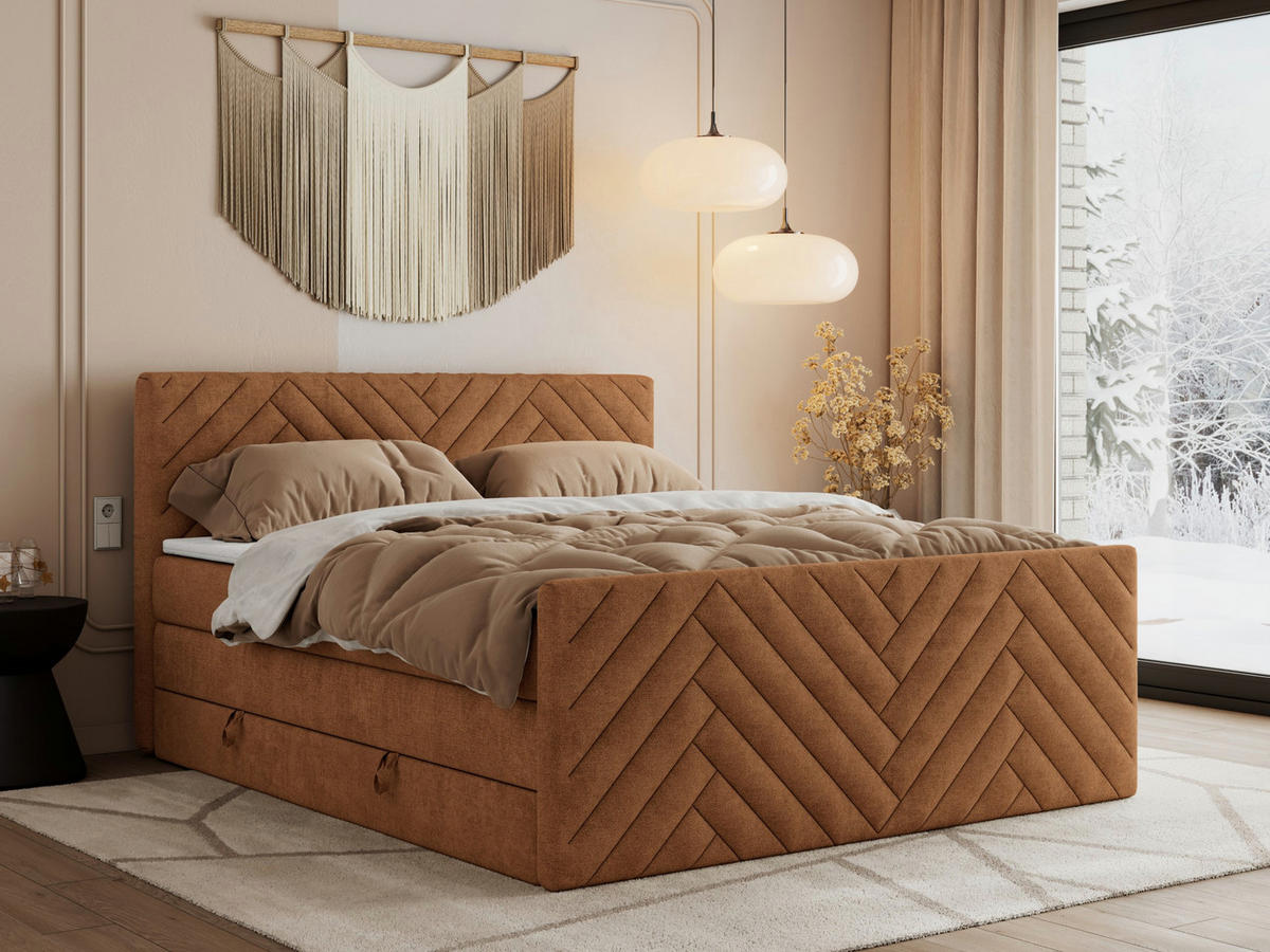 BOXSPRINGBETT PARIS KING DUO - 200/200 - Orange Struktur - H4 - Orange, Holz/Textil (200/200cm) - MKS