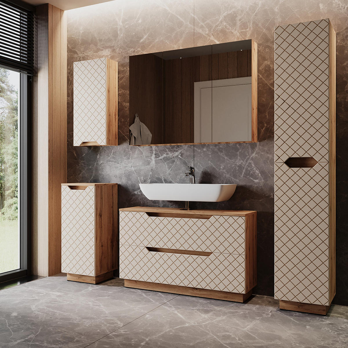 BADMÖBEL-SET Lotta Eiche/Kaschmir mit Kachelstruktur 5 Teile - Kaschmir/Eichefarben, Holzwerkstoff (99.4/62.5/32cm) - Vicco