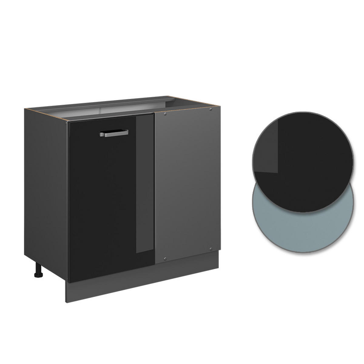 ECKUNTERSCHRANK R-Line Schwarz Hochglanz 86 cm, AP Eiche - Schwarz Hochglanz/Anthrazit, Holzwerkstoff (86/81.6/60cm) - Vicco