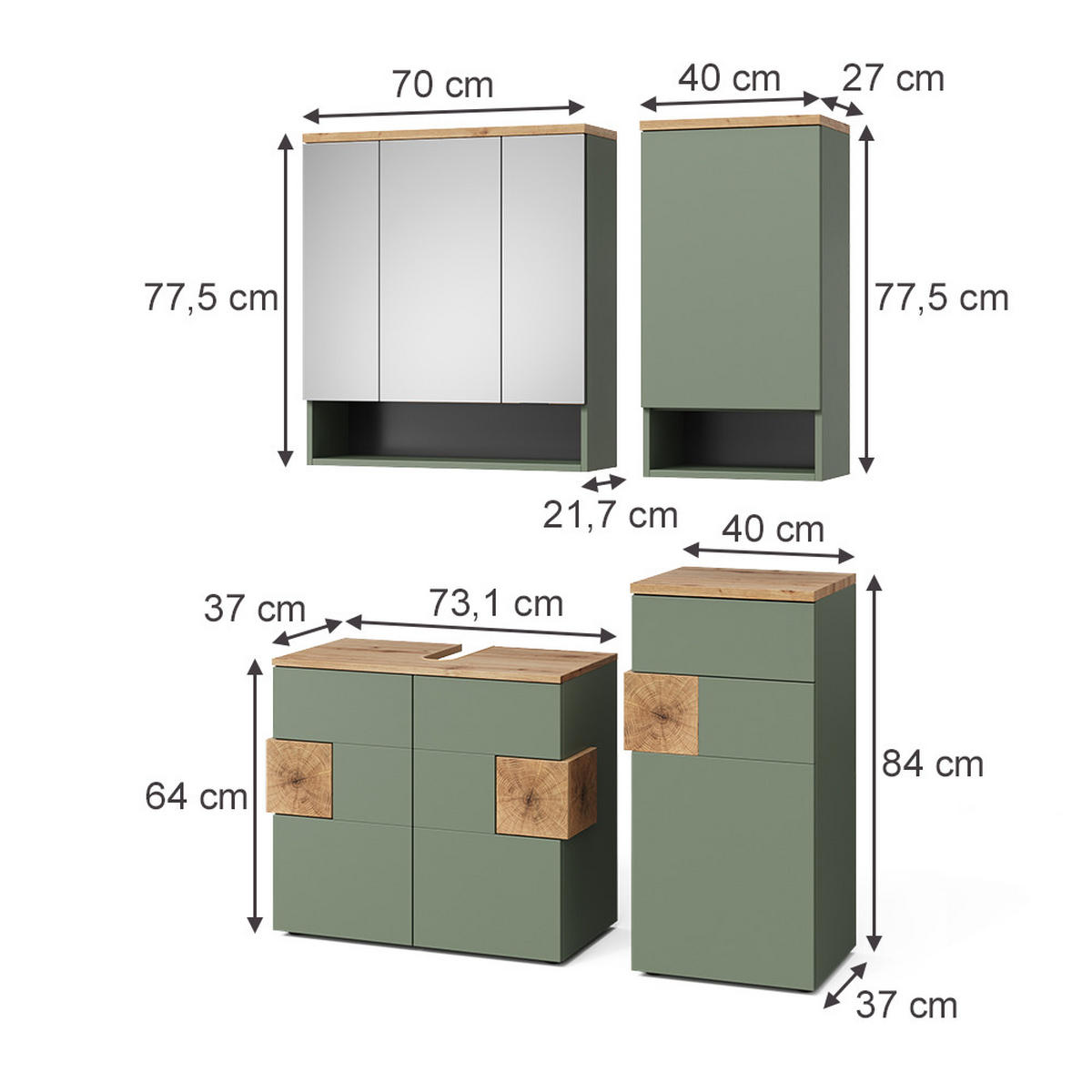 BADMÖBEL-SET Eden Grün/Artisan 4 Teile - Hellgrau/Grün, Holzwerkstoff (76/64/37cm) - Vicco