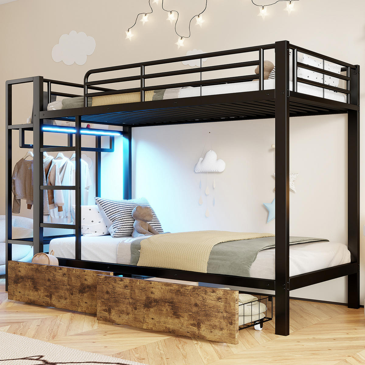ETAGENBETT 90/200 cm aus Metall mit LED-Beleuchtung und 2 Schubladen - Schwarz, Metall - BEAOK