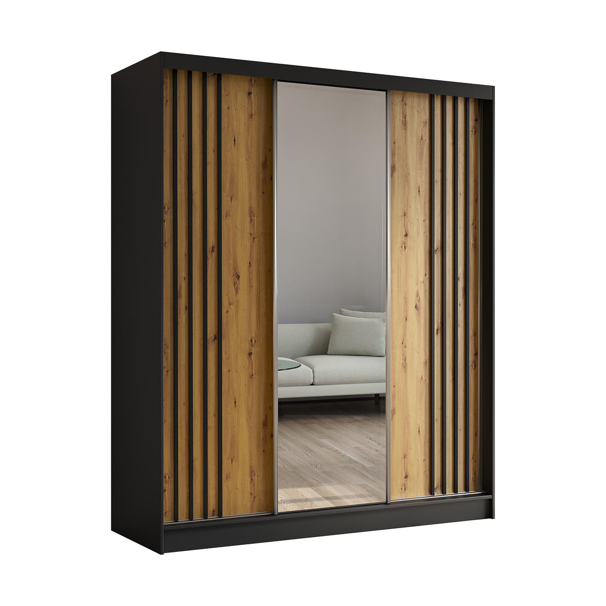 KLEIDERSCHRANK mit Spiegel-Schiebetüren und Aluminium-Leisten - NALLA - 180 cm Schwarz+Artisan+Schwarz - Schwarz/Eiche Artisan, Holzwerkstoff (180/216/61cm) - ALTDECOR