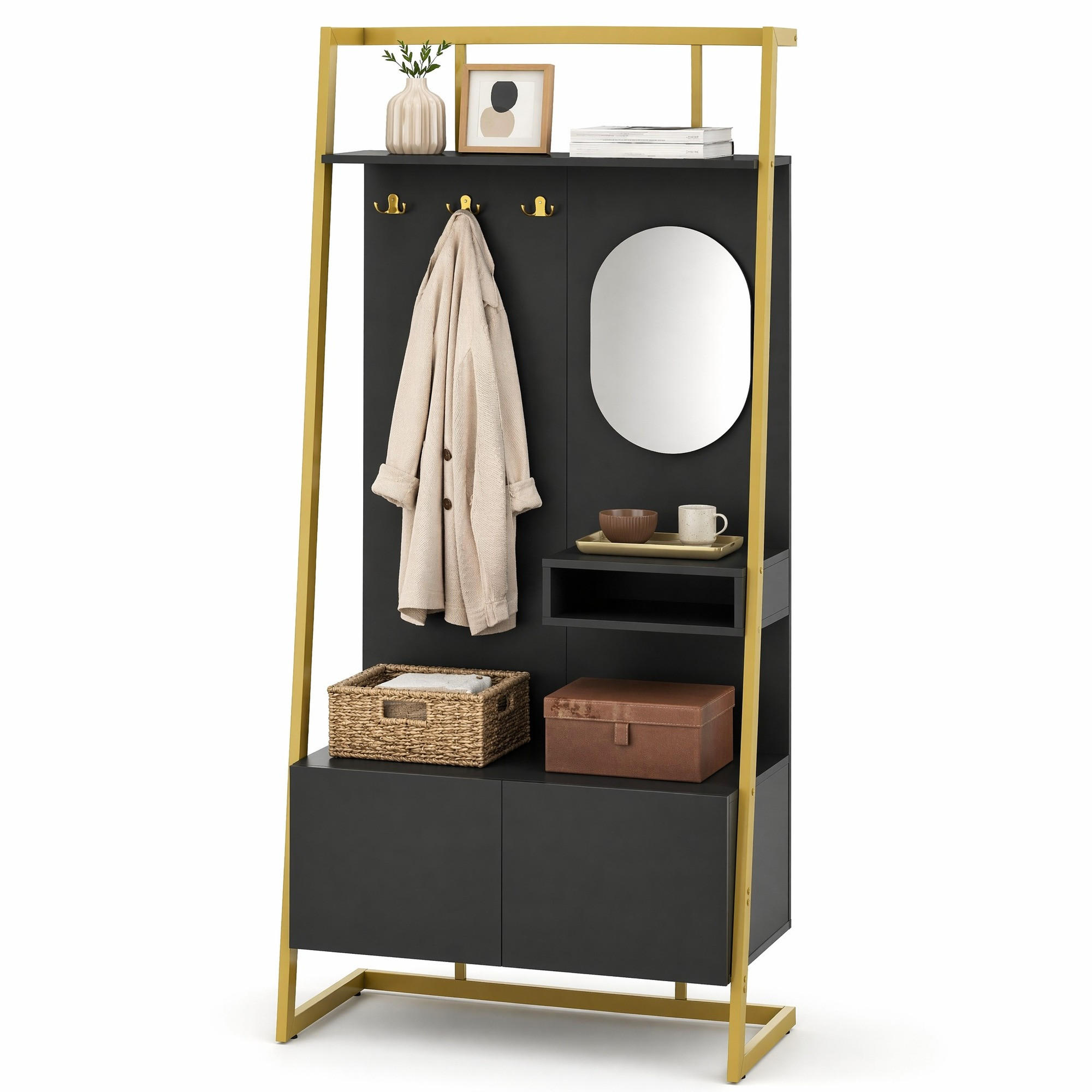 GARDEROBE-SET in Schwarz und Gold Flurgarderobe mit Spiegel und Schuhbank für Flur, B78/T38.5/H180.5 cm - Goldfarben/Schwarz, Glas/Holzwerkstoff (78/180.5/38.5cm) - STILVORA
