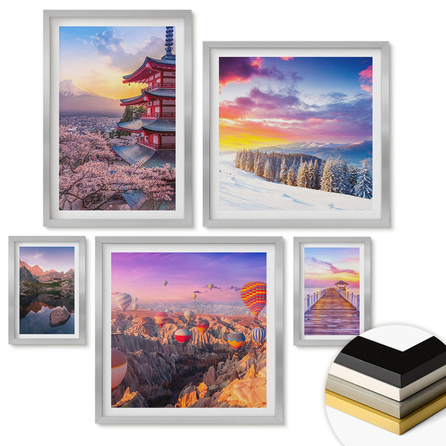 WANDBILDER 5er Set - 50x50 cm & 20x30 cm & 40x60 cm Silberner Rahmen - Romantische Himmelslandschaften - Silberfarben, Kunststoff (40/60cm) - ArtPrintCave