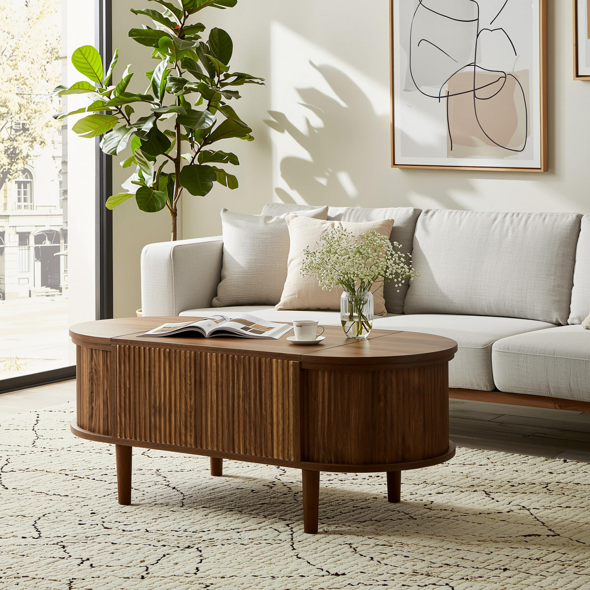 COUCHTISCH walnuss-optik oval höhenverstellbar mit stauraum - Walnussfarben, Holzwerkstoff (48/100/53.5cm) - Urban Meuble