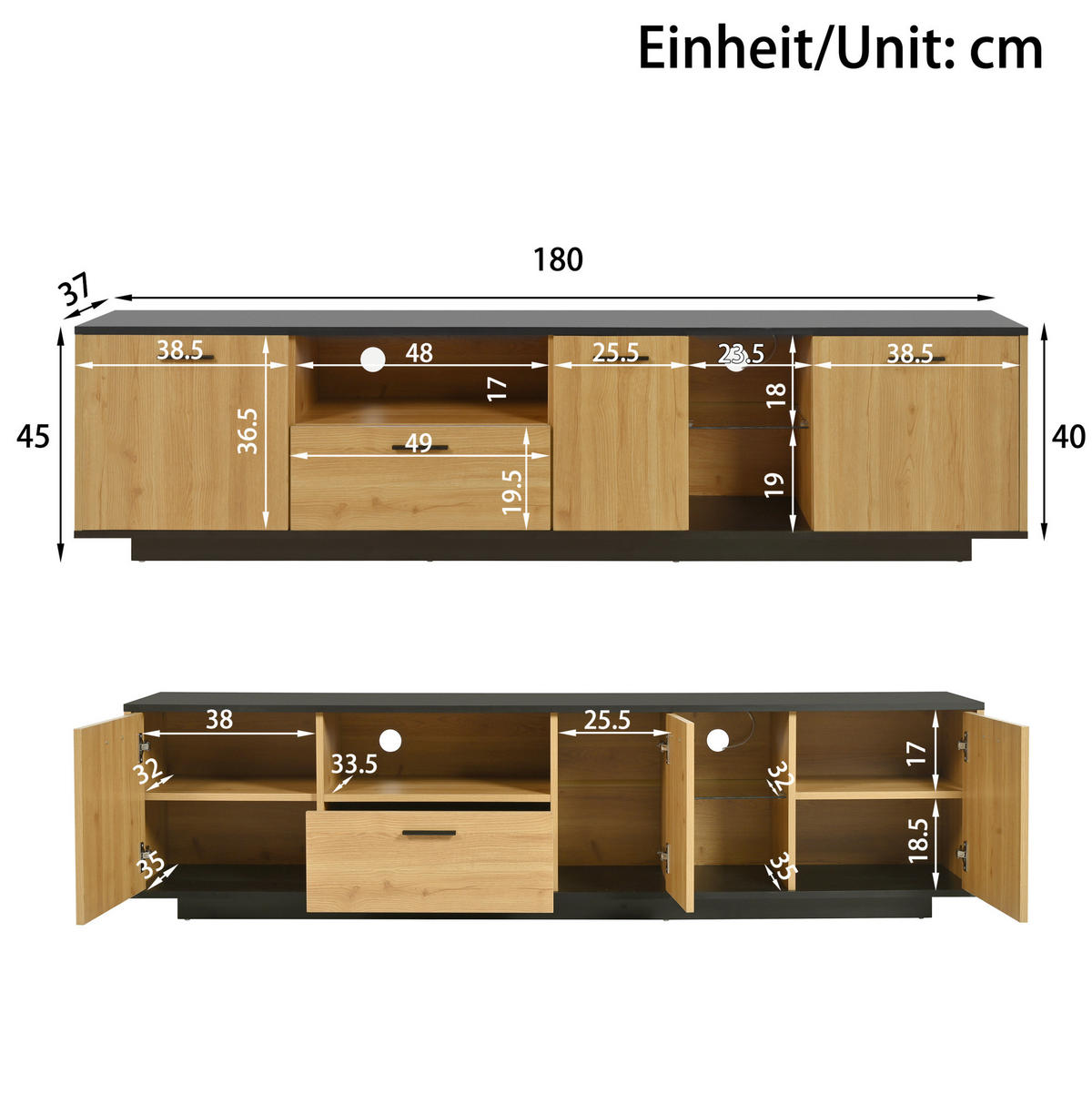 LOWBOARD 180/37/45 cm in Schwarz-Holzoptik mit LED-Beleuchtung und Stauraum - Schwarz, Holzwerkstoff (180/45/37cm) - Flora Grace