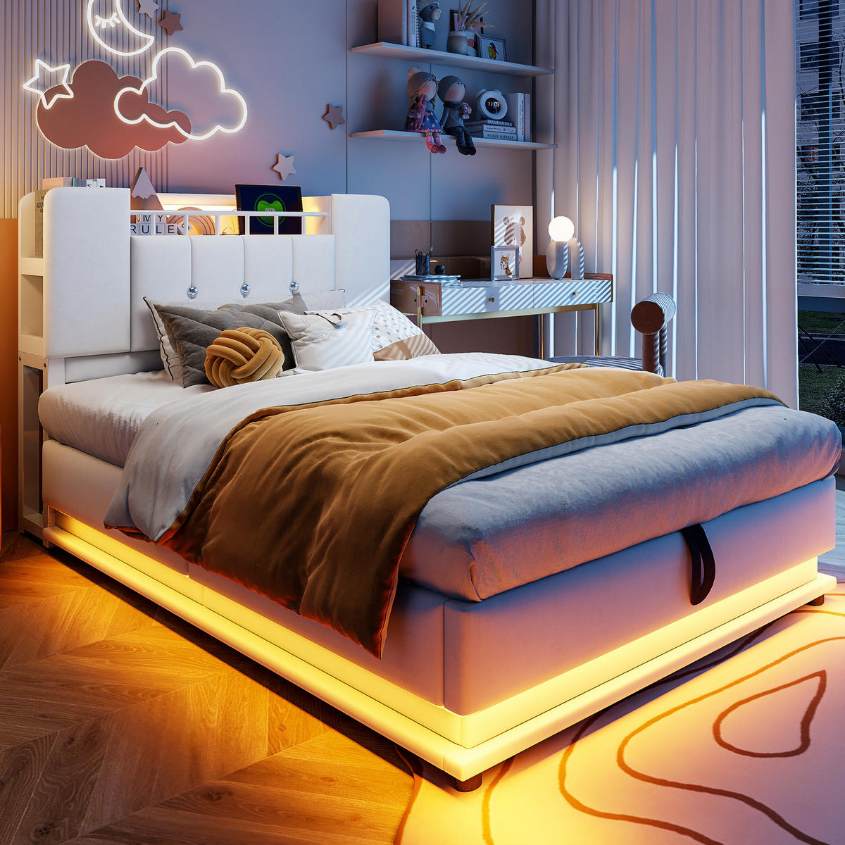 POLSTERBETT mit LED, USB und Stauraum 90x200 cm Beige - Beige, Metall (90/200cm) - Meubliv