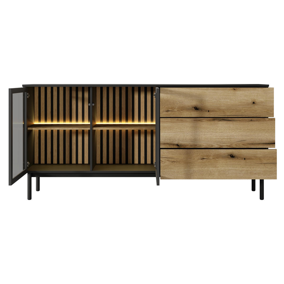 SIDEBOARD LAMBERTI 180/85/40 cm mit 3 Schubladen und 2 Türen Schwarz - Goldfarben/Schwarz, Holzwerkstoff (180/85/40cm) - MASSENO