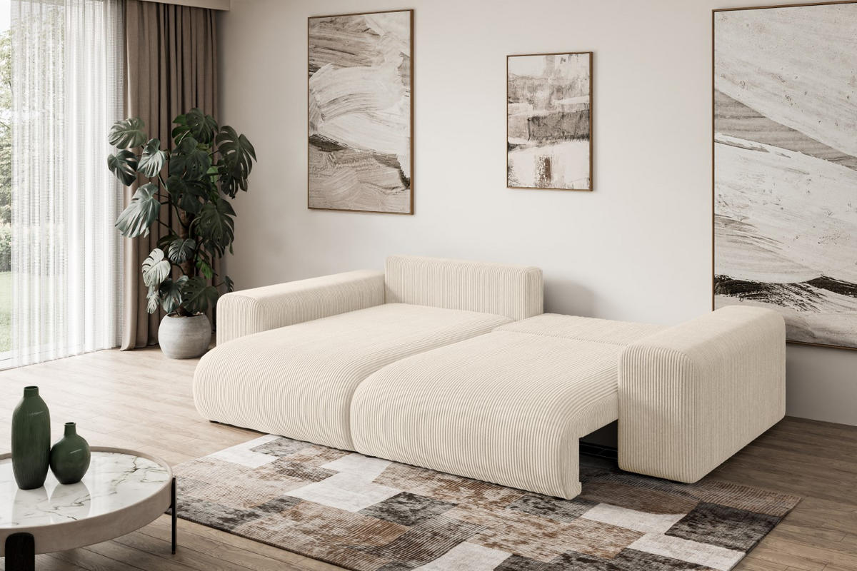 ECKSOFA mit Schlaffunktion und Bettkasten ESKAR-L 256x165x84cm Beige Cord - Beige/Schwarz, Holzwerkstoff/Kunststoff (256/165cm) - ALTDECOR