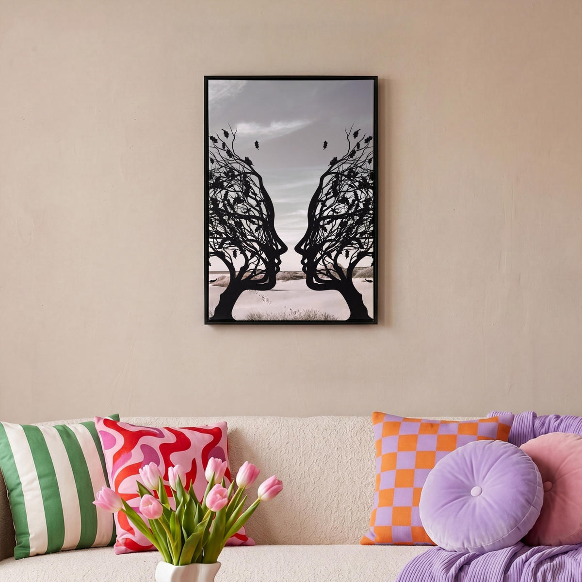 LEINWAND Bilder mit Rahmen - Strand - Meer - Menschen - Baum - Moderne Kunst - 40x60 - Hellgrau, Textil (40/60cm) - MuchoWow