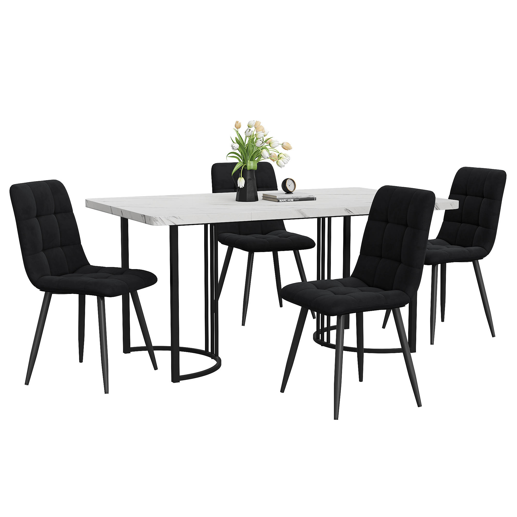 FLIEKS JÍDELNÍ SET MDF 4 Židle Bílý Černý 140x80cm