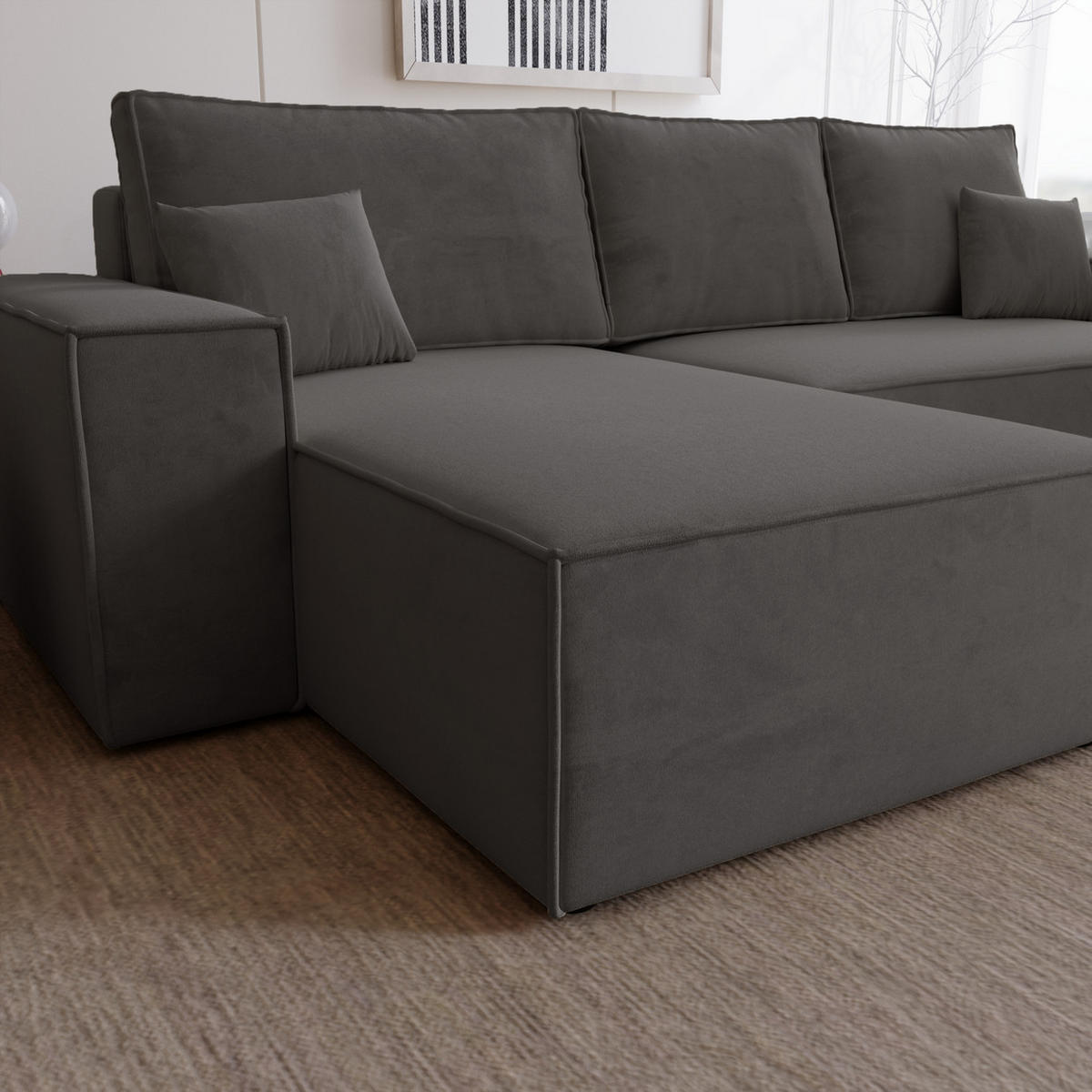 ECKSOFA mit Schlaffunktion Bergamo L 280 cm, Samt, Links - Dunkelgrau - Dunkelgrau, Holz (277/189cm) - Emporius
