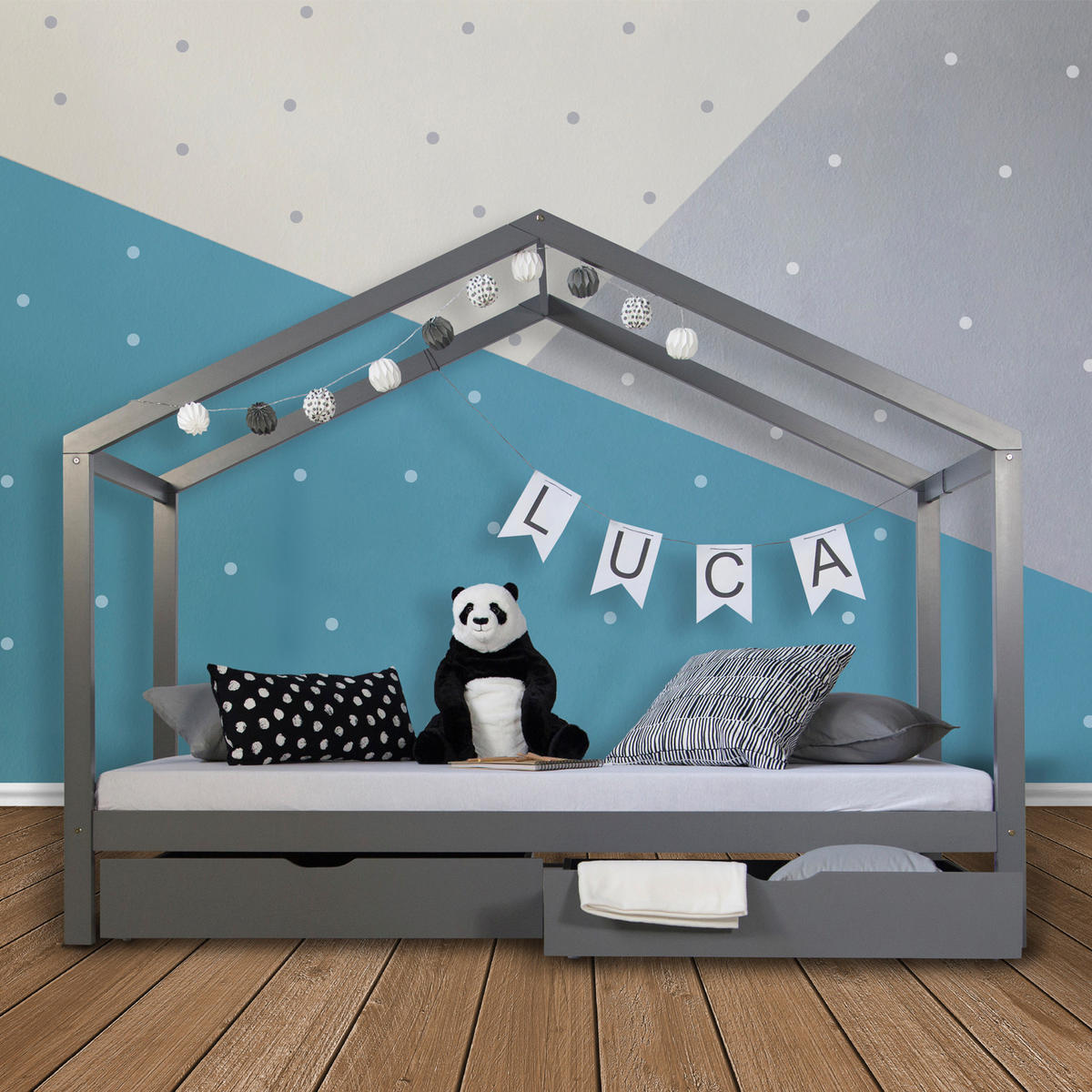 HAUSBETT mit Matratze mit Stauraum 90/200 cm Grau - Grau, Holz (208/160/96cm) - Homestyle4u