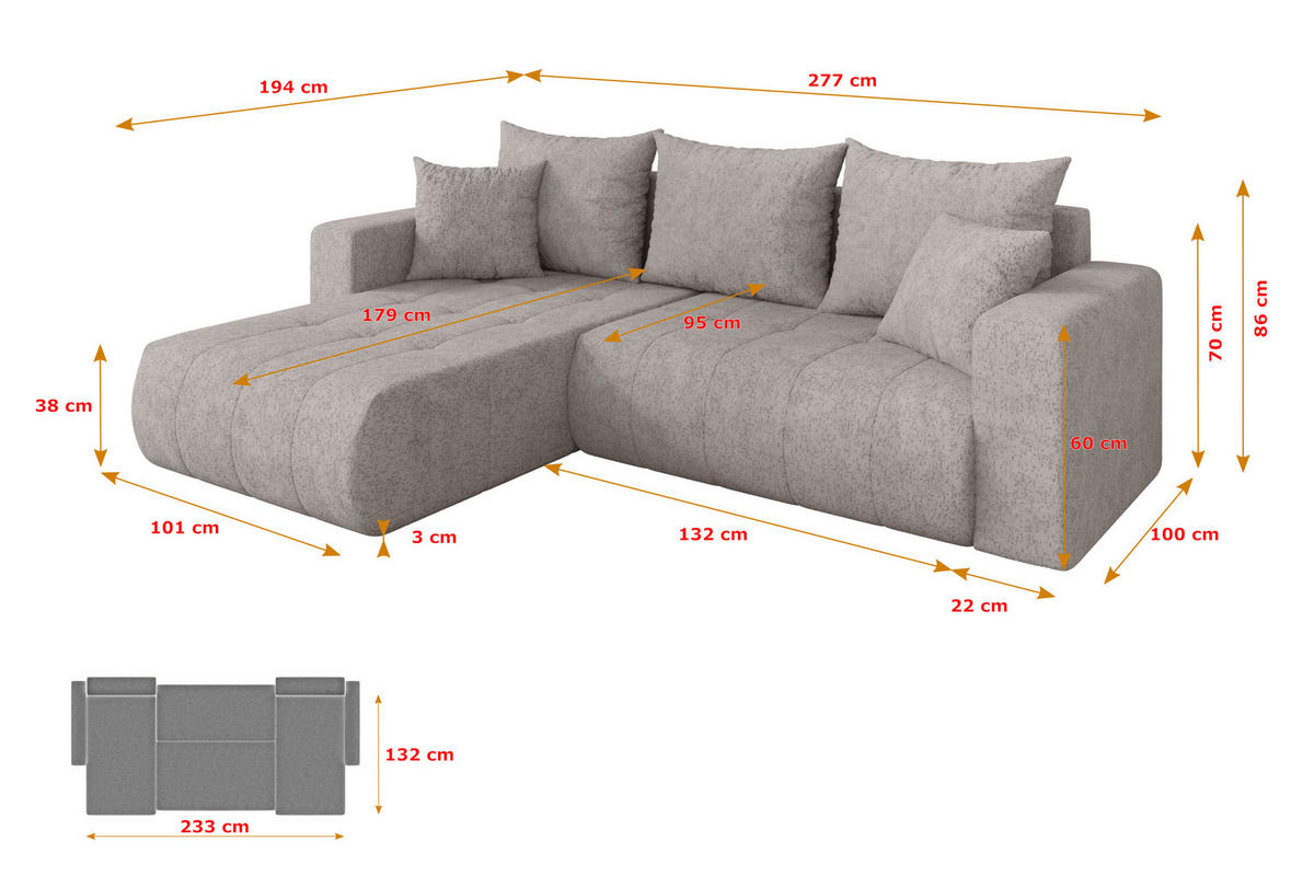 ROHOVÁ SEDAČKA s funkcí spaní, otoman vlevo MILA-L 277x194x86 světle šedá velur - černá/světle šedá, kompozitní dřevo/textil (277/194cm) - ALTDECOR