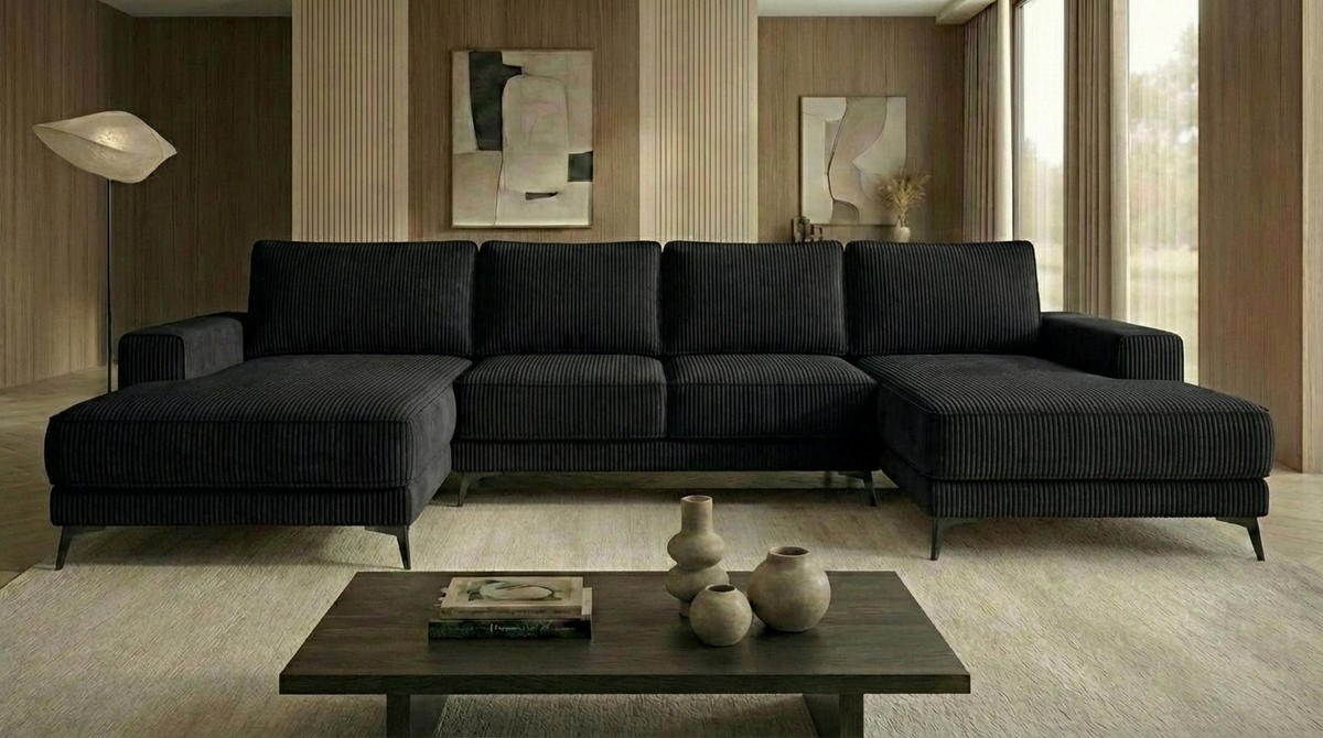 ECKSOFA VALTOR 320 cm x 185 cm – Stoff: ZOOM 23 Farbe: Schwarz - Schwarz, Textil (320/185cm) - A&J MöbelLand