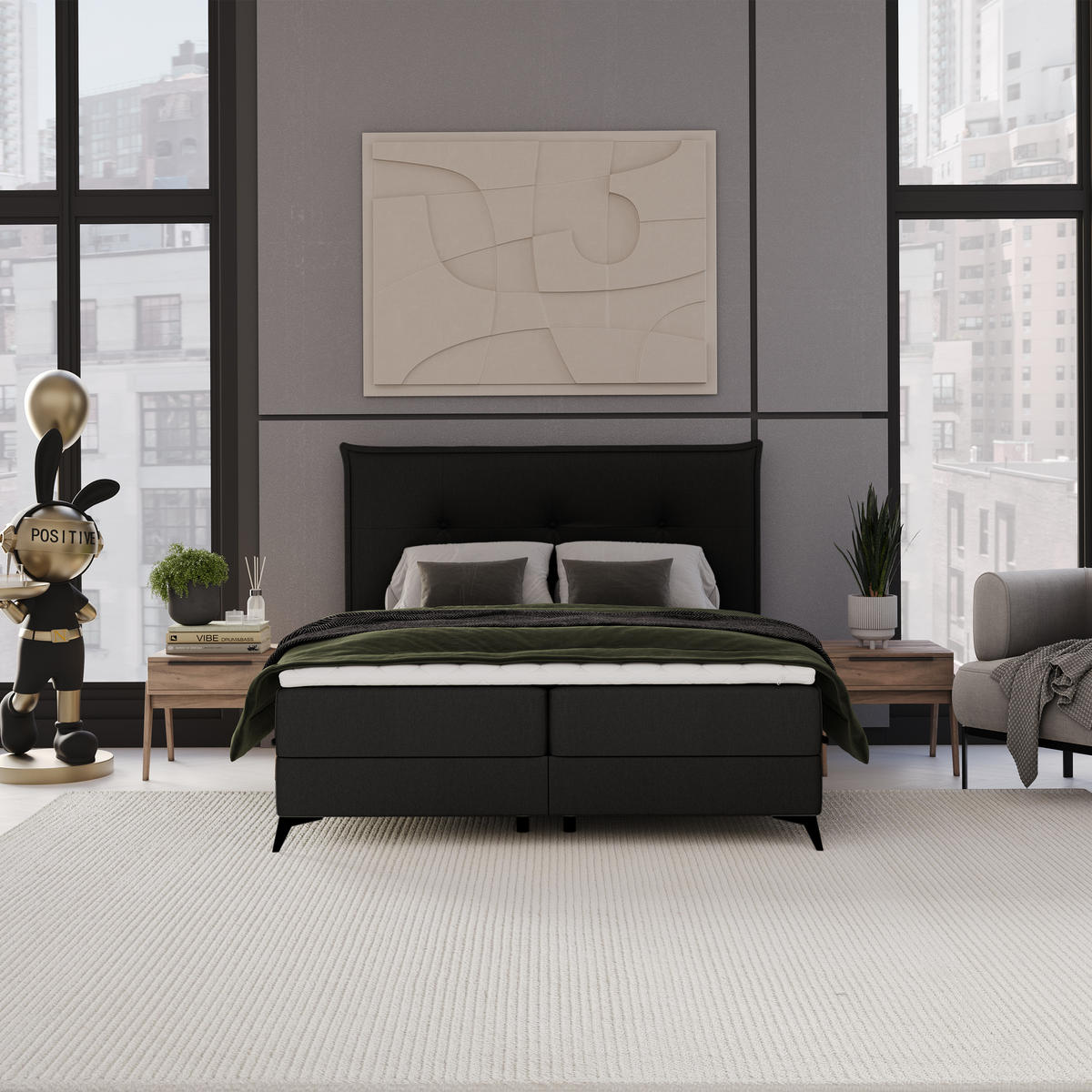 BOXBETT Menzzo Schwarz 120/200 cm mit Matratze und Topper - Schwarz, Holz/Holzwerkstoff (120/200cm) - Maison de Reve
