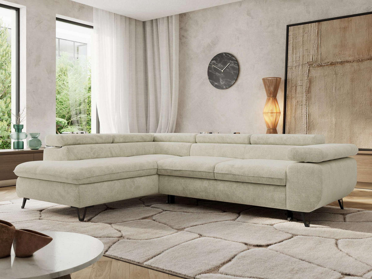 ECKSOFA PABLO L Creme Schenille grob gewebt - Links Seite mit T25 Topper - Creme/Schwarz, Textil/Metall (208/273cm) - MKS
