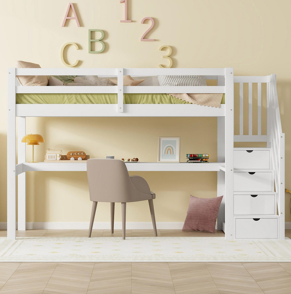 DJEČJI visoki krevet od borovine 90x200 cm bijeli sa stolom i spremištem u stepenicama - bijela, drvni materijal (90/200cm) - Modfu