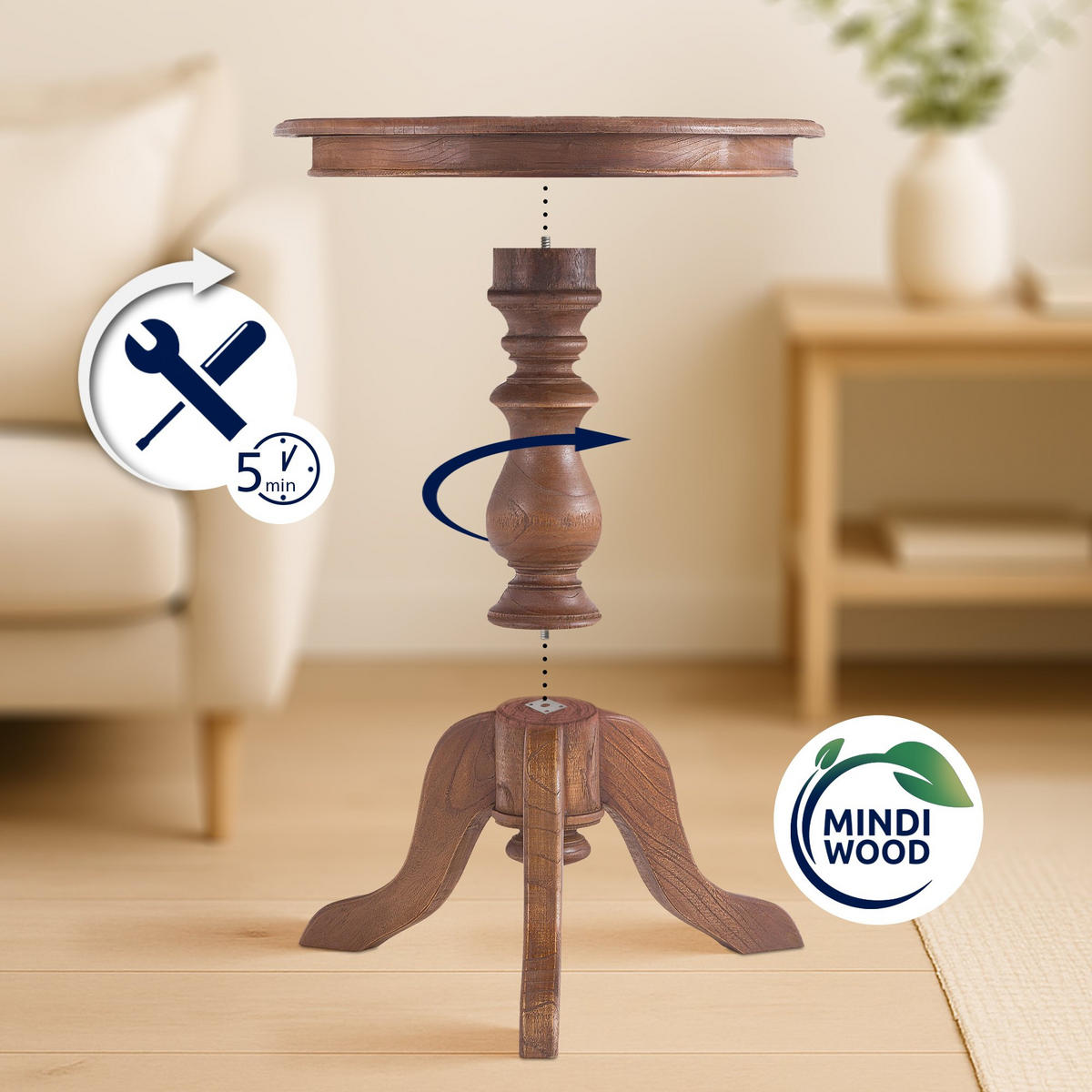 BEISTELLTISCH rund 50 cm Holz Braun - Eukalyptusholzfarben/Braun, Holz (50/50/64cm) - CLP