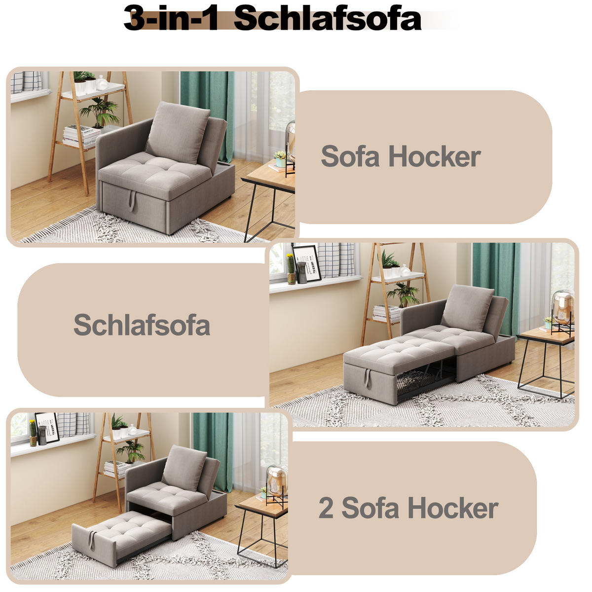 SCHLAFSOFA Leinenstoff mit 5-fach verstellbarer Rückenlehne Grau 177/68/65 cm - Graubraun, Textil (68/65/177cm) - Redom