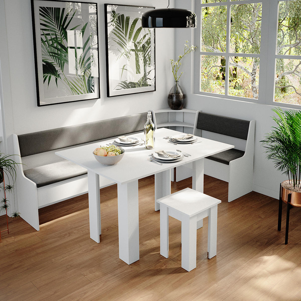 ECKBANKGRUPPE Roman Weiß 210 x 41.5 cm mit Tisch - Anthrazit/Weiß, Holzwerkstoff (210/80/120cm) - Vicco