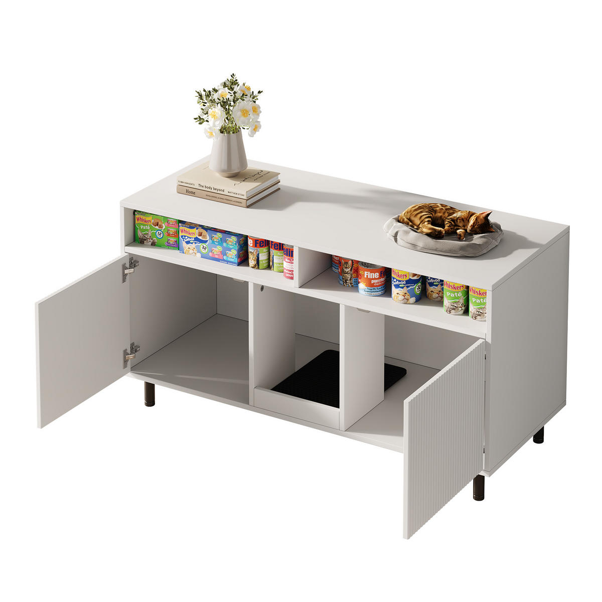 SIDEBOARD Weiß aus MDF 120×50×66cm als Katzentoiletten-Schrank mit Sandauffangmatte und Ablagefächern - Weiß, Holzwerkstoff (50/66/120cm) - Luhomfu