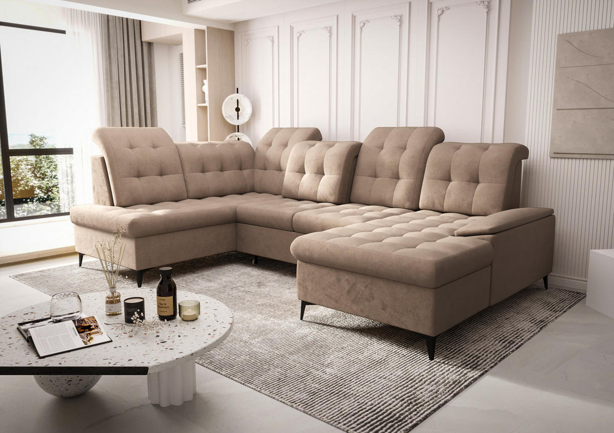 WOHNLANDSCHAFT KONGO RBN17, Eckcouch in U-Form mit Schlaffunktion, Farbe: Beige, Velourstoff, Ottomane Rechts - Beige, Textil (343/107/210cm) - O-Sofa