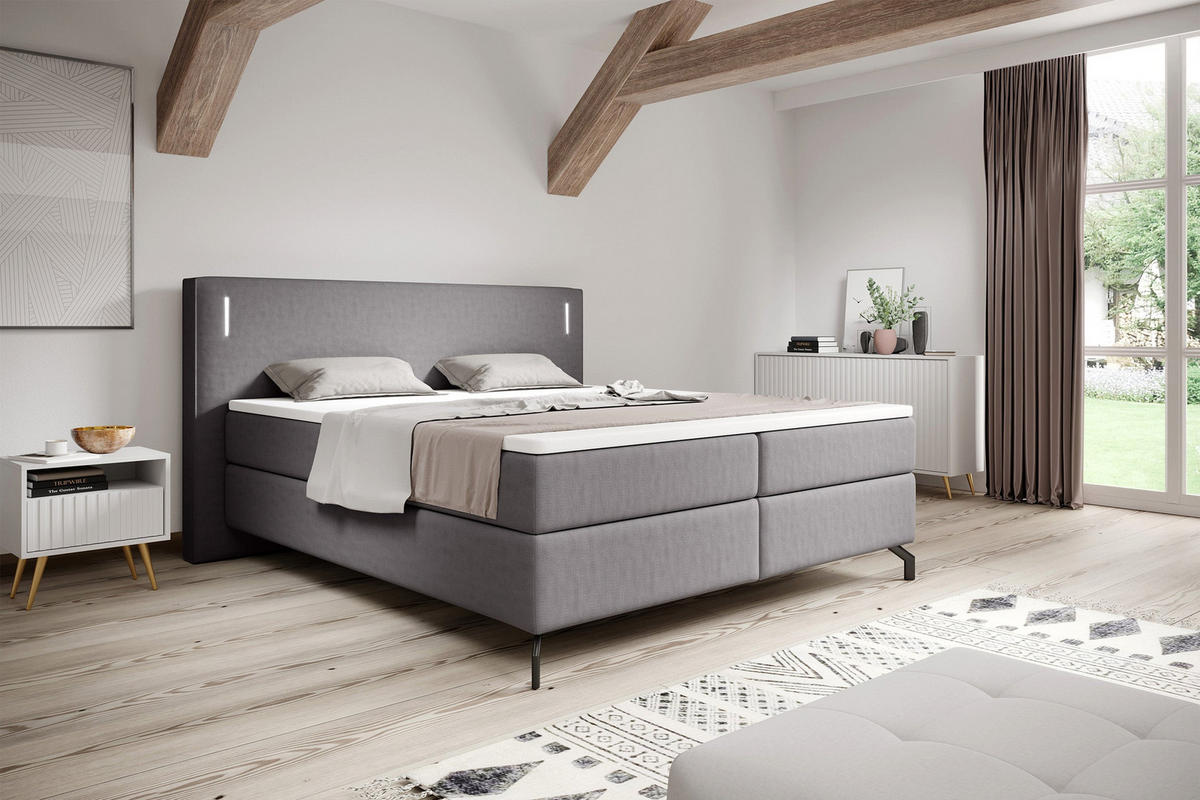 BOXBETT Lanco Grau Velours 180/200 cm - Schwarz/Grau, Textil/Metall (180/200cm) - Selsey
