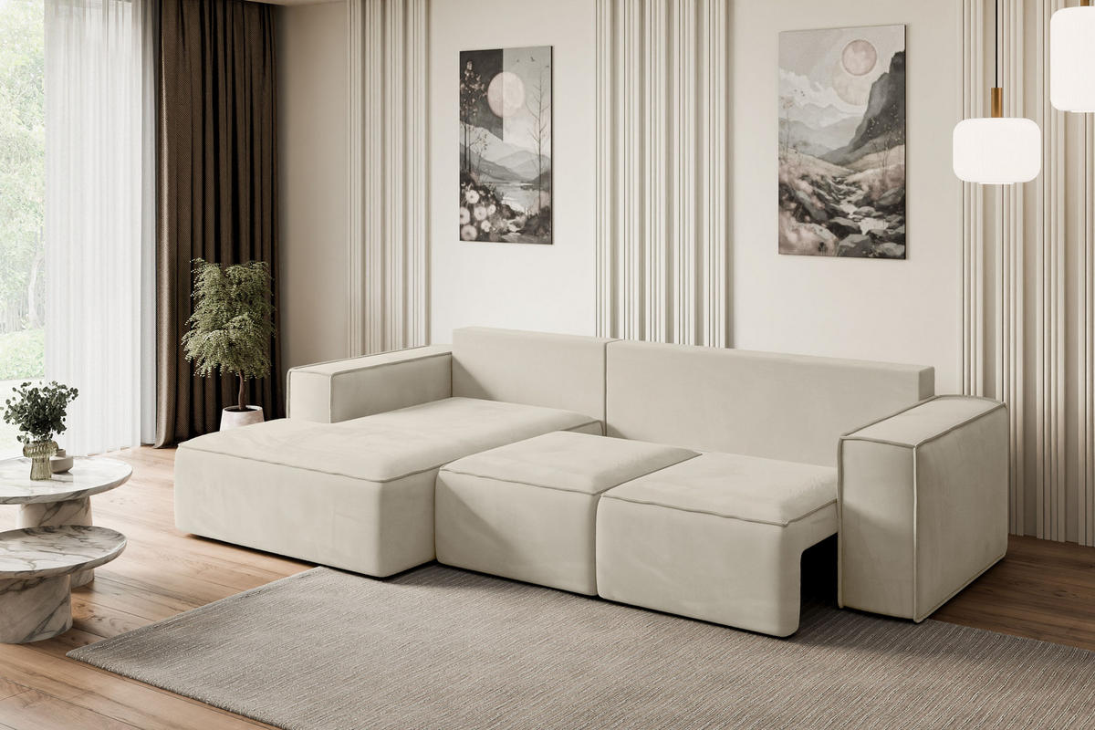 ECKSOFA mit Schlaffunktion und Bettkasten SERRA-L-S - 266x161x87 cm Beige Velours - Beige/Schwarz, Holzwerkstoff/Kunststoff (266/161cm) - ALTDECOR