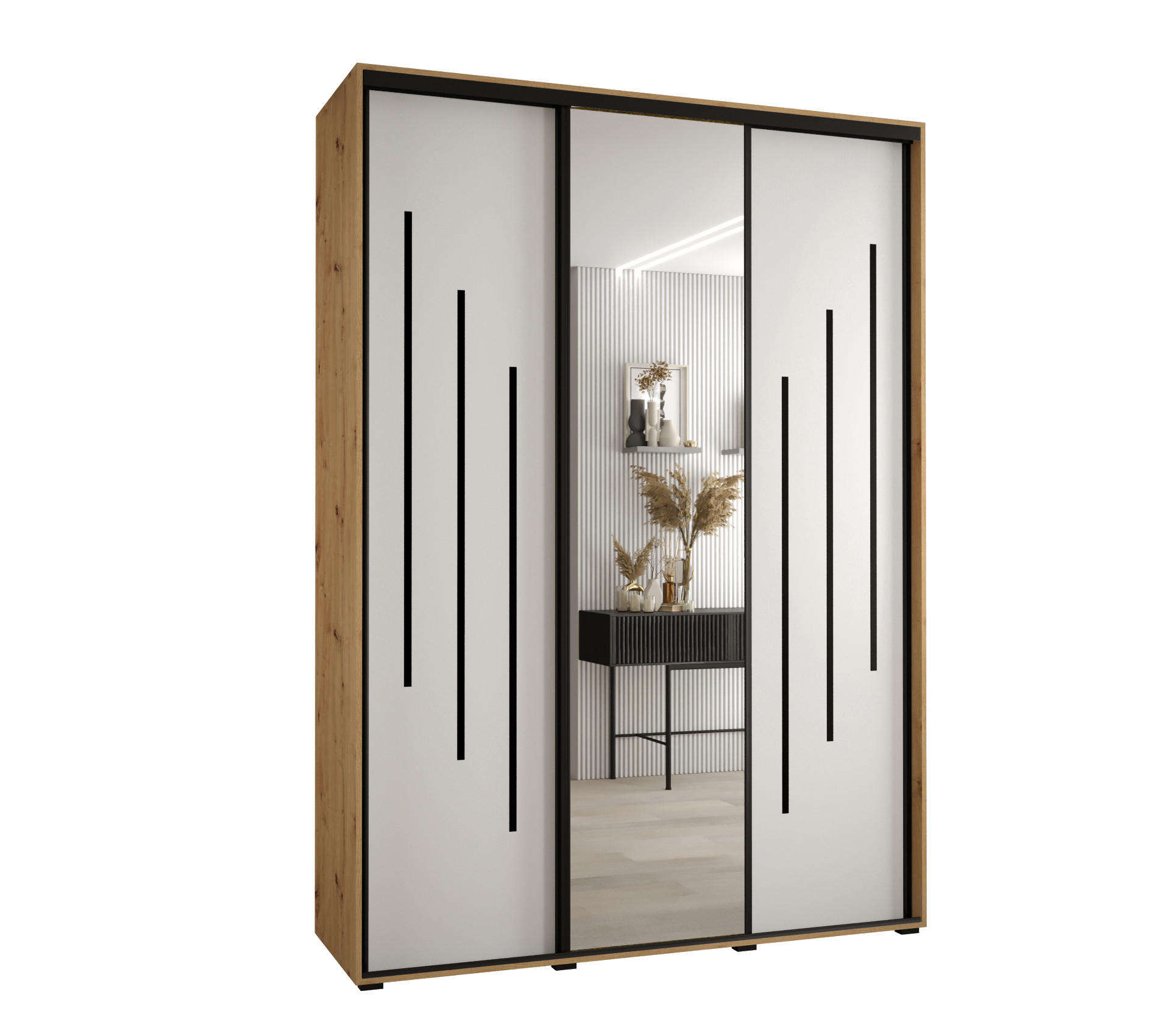 Abiks Möbel Schwebetürenschrank Eiche Artisan, Weiß, Schwarz 180x235x60 cm