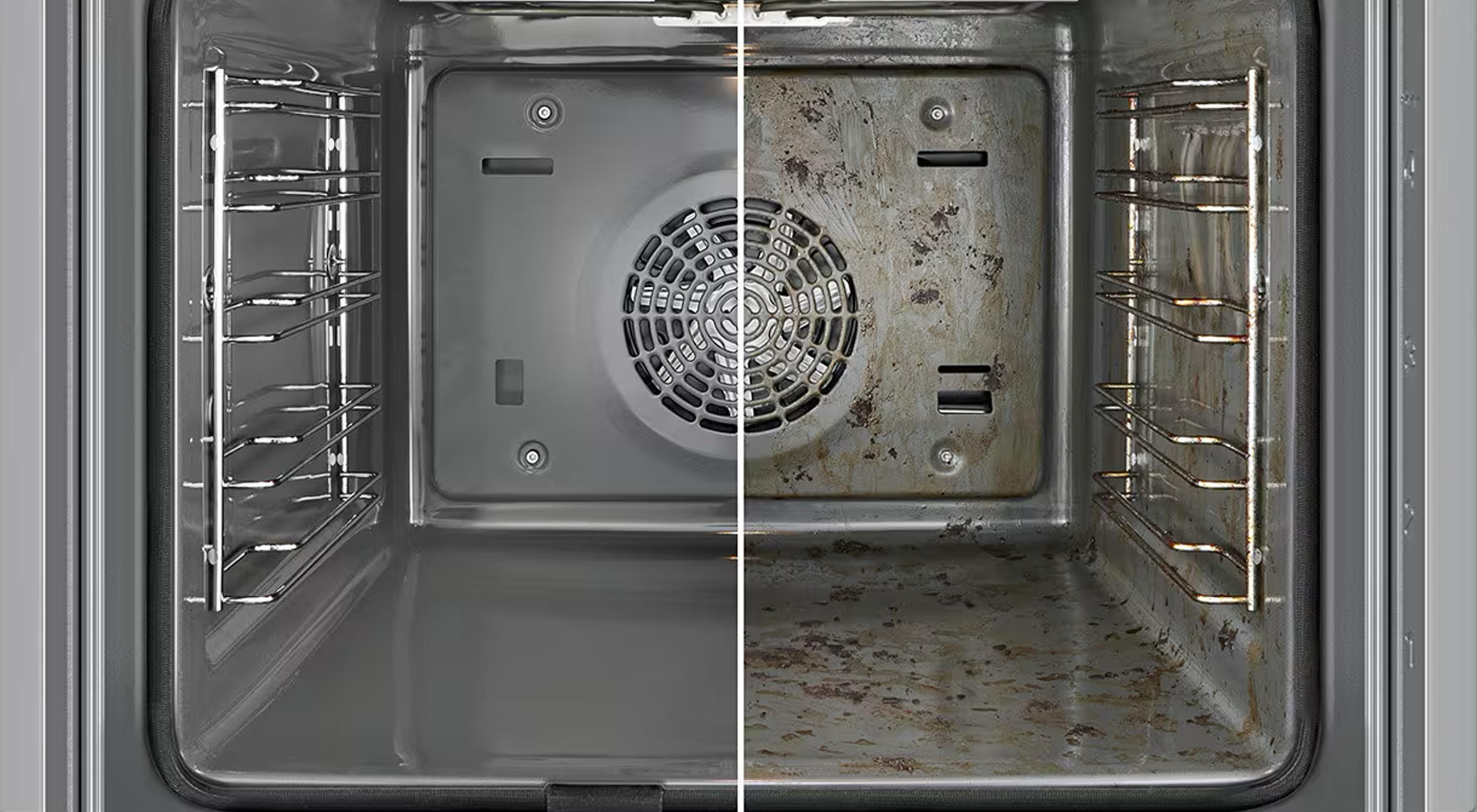 Backofen von innen, nach Pyrolyse Selbstreinigung im Vergleich. Zweigeteiltes Bild mit vorher und nachher im Vergleich.