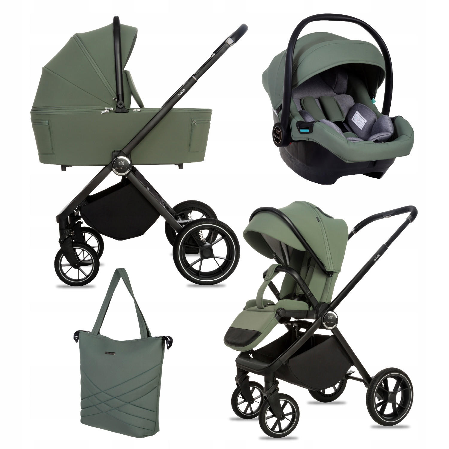 KINDERWAGEN Gavia 3in1 Sapphire Babywanne, Buggy Sportsitz, Babyschale I-Size - Schwarz/Grün, Textil/Metall (58/99cm) - BabyLux