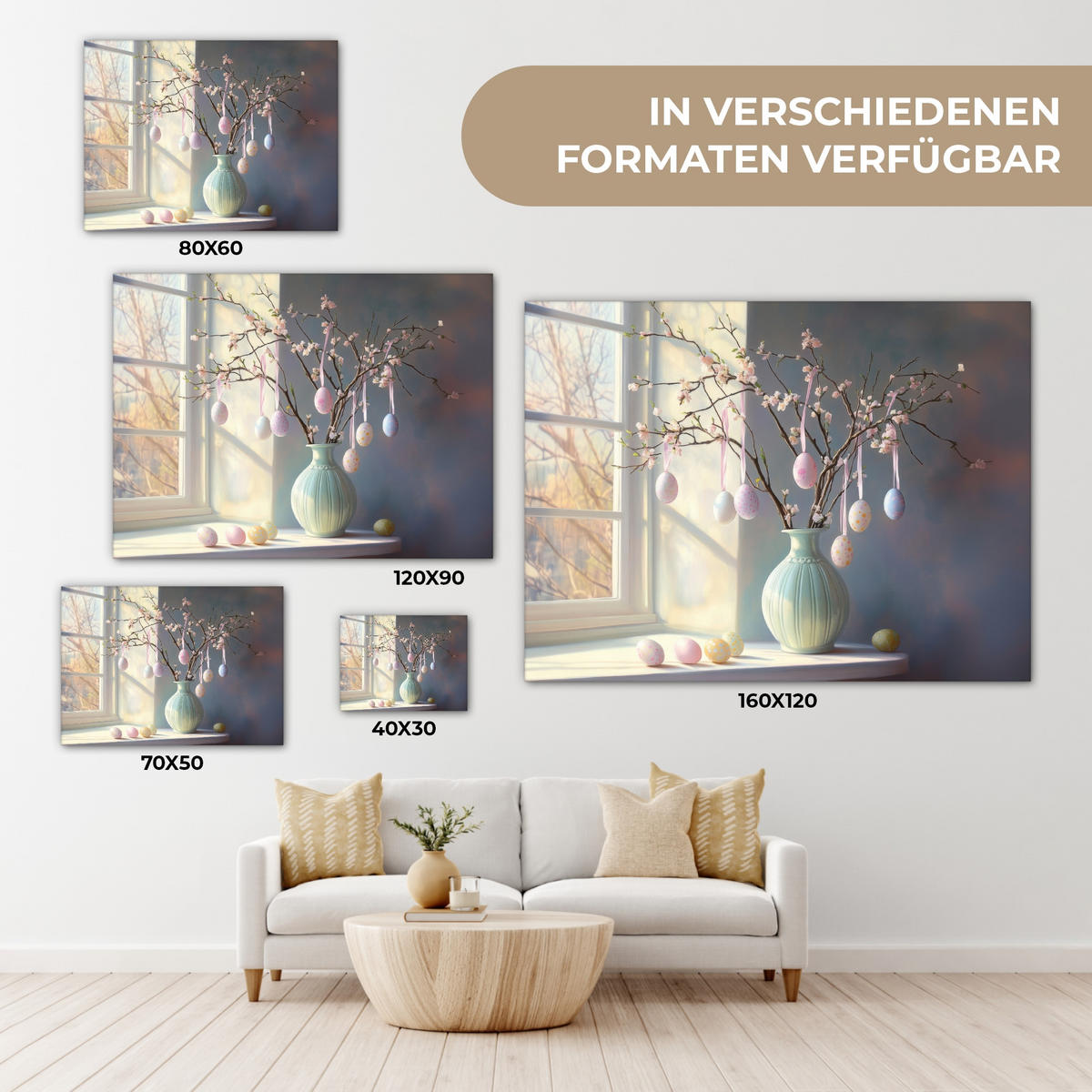 LEINWANDBILD Stillleben - Vase - Osterzweig Wandbilder 80x60 cm - Hellblau, Textil (80/60cm) - MuchoWow
