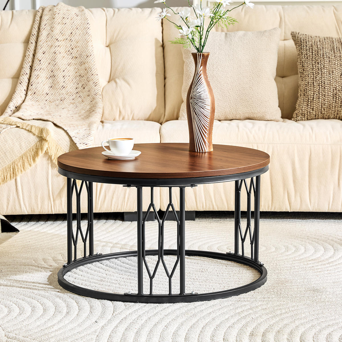 COUCHTISCH DE-37365 rund mit Holzoptik Walnuss - Walnussfarben, Metall (70/70/40.5cm) - ComfortXL