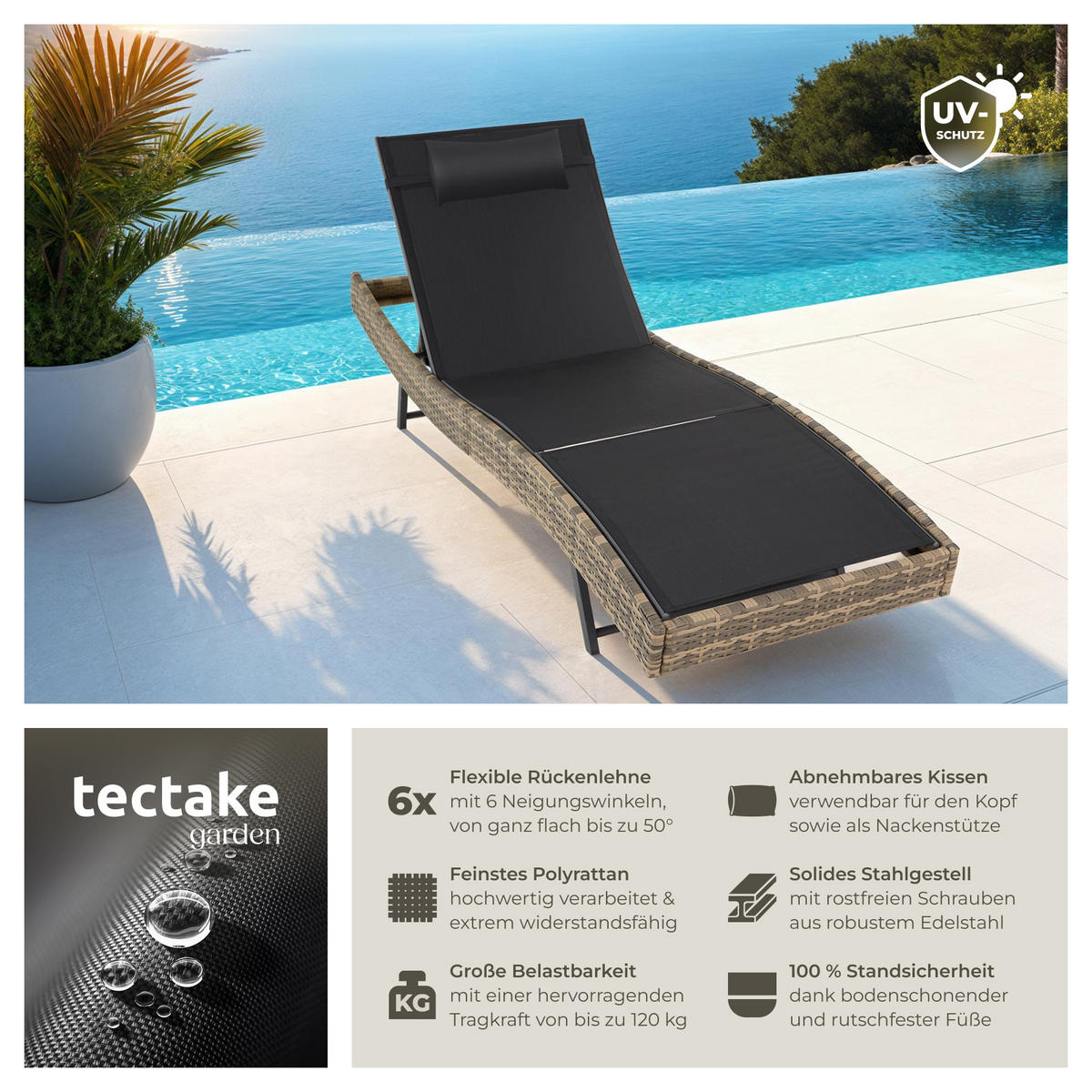 RATTAN-SONNENLIEGE Moana,69 x 211 x 41 - 94 cm,natur - Naturfarben, Kunststoff (69/94/211cm) - tectake