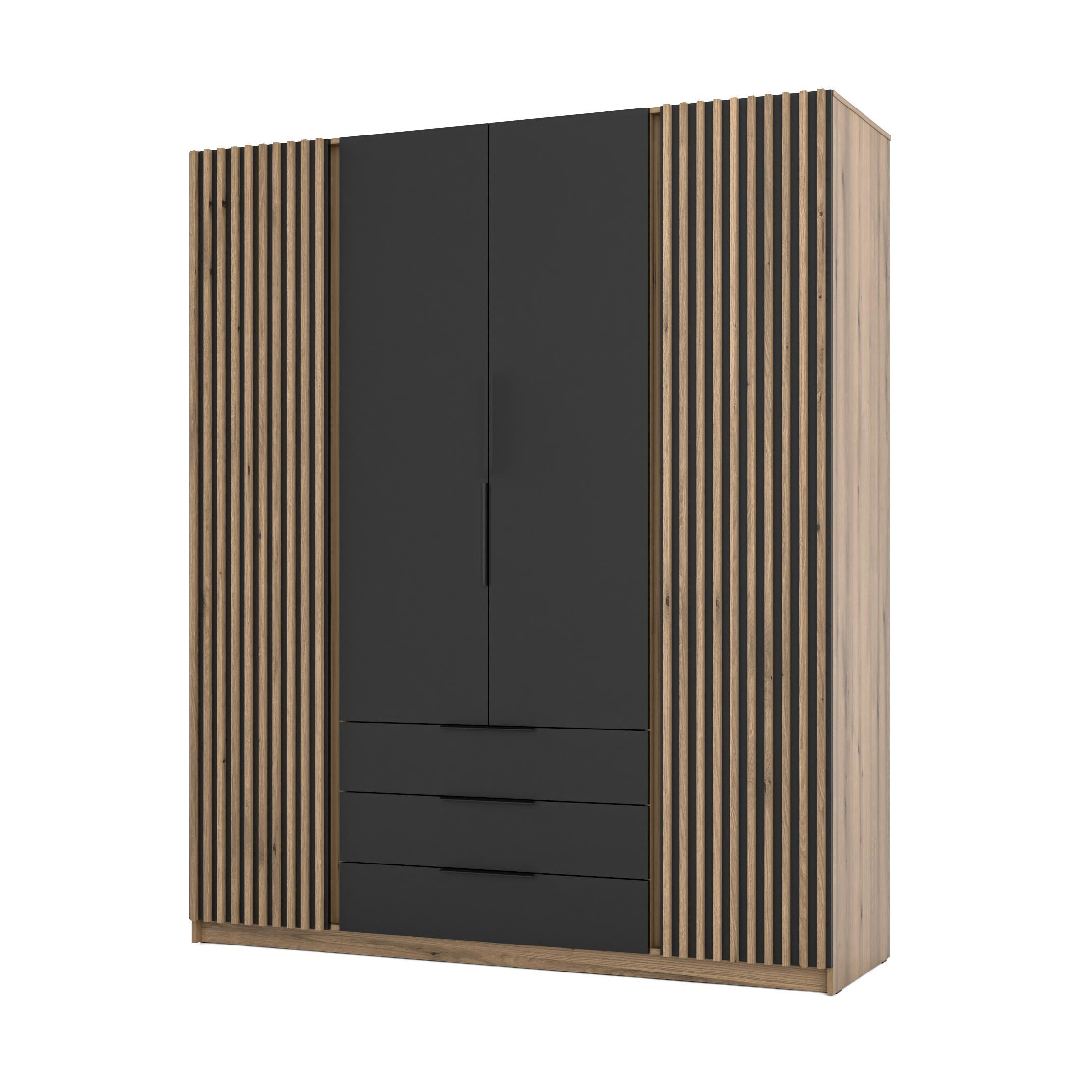 KLEIDERSCHRANK Nehir Korpus Eiche Evoke, Front Schwarz/Eiche Evoke 200 cm - 4T3S Modern mit Schubladen und 2 Lamellentüren außen - Eichefarben/Schwarz, Holzwerkstoff/Kunststoff (200/239/61.9cm) - AX Living