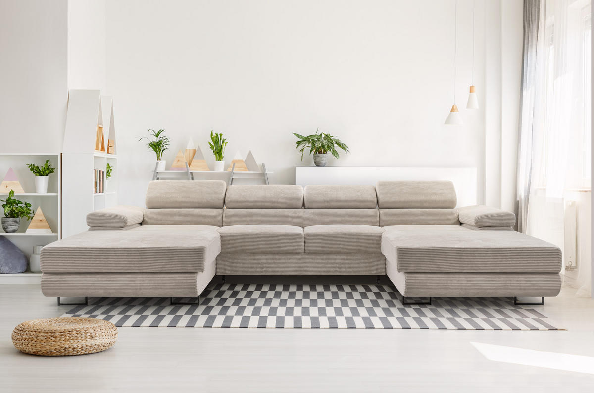 WOHNLANDSCHAFT GIULIO Beige Velours-Stoff mit Schlaffunktion - Beige, Holz (352/90/202cm) - MASSENO