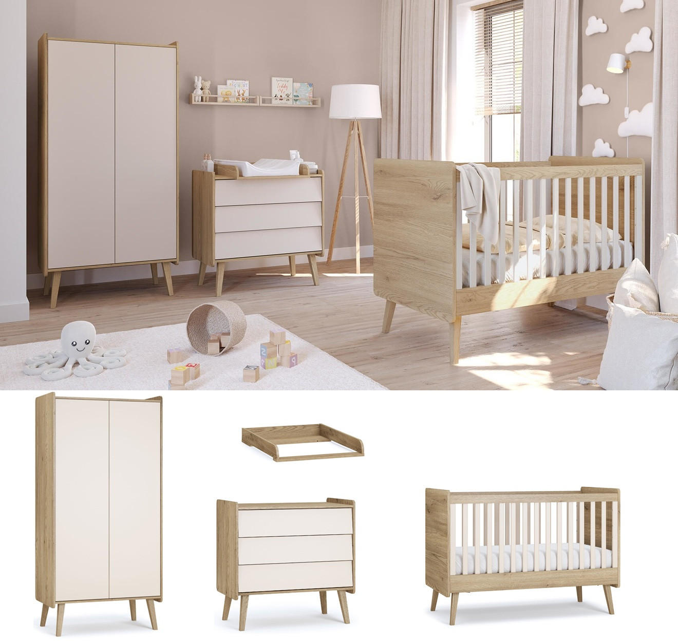 BABYZIMMER Vienna Fresh Set A - 4-teilig - Eichefarben/Beige, Holzwerkstoff (90/185/51cm) - QMM TraumMöbel