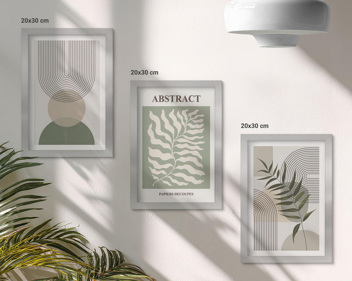 WANDBILDER 3er Set - 20x30 cm Silberner Rahmen - Botanische Boho-Abstraktionen - Silberfarben, Kunststoff (20/30cm) - ArtPrintCave