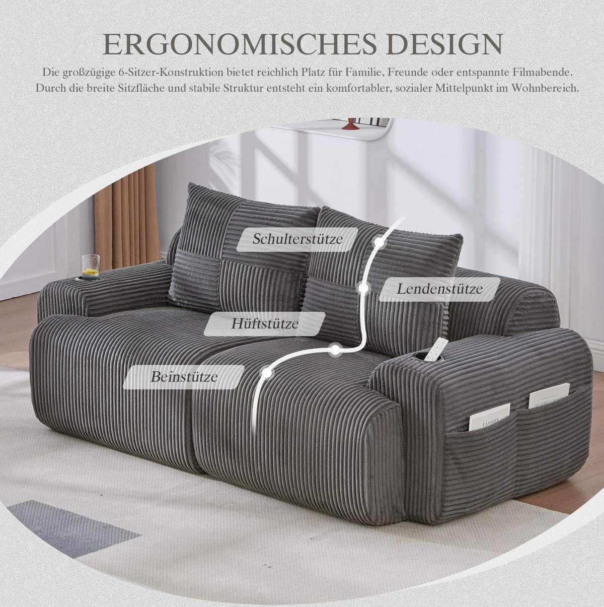 2-SITZER-SOFA aus Cordstoff 200x99x80 cm in Dunkelgrau mit Cupholder - Dunkelgrau, Textil (99/80/200cm) - Modfu
