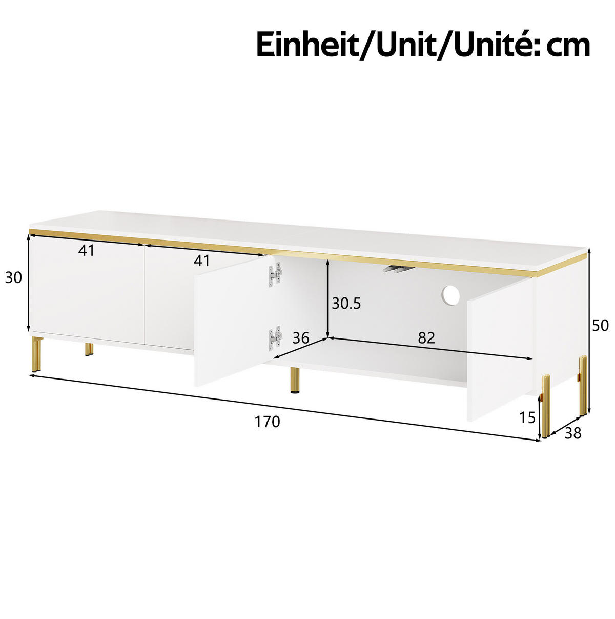 TV-LOWBOARD 170/38/50 cm weiß aus Spanplatte mit Hochglanz-Oberfläche und Kabeldurchführungen - Weiß, Holzwerkstoff (38/50/170cm) - OKWISH