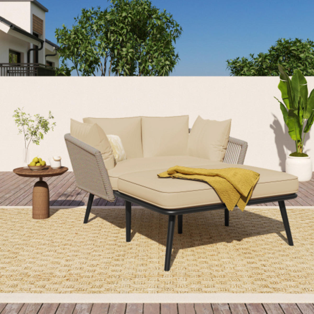 GARTENLIEGE 130x120x67 cm aus Stahl und Polyester mit handgeflochtenen Details, Sandfarben - Sandfarben, Textil (120/67/130cm) - Luhomfu