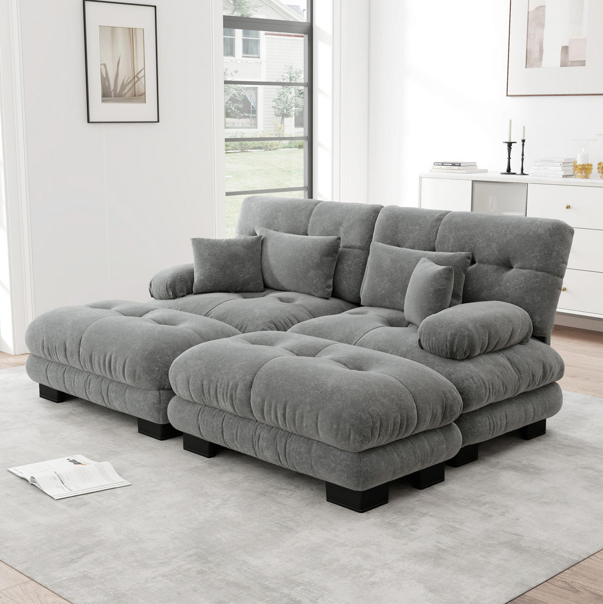 SOFA in Grau aus Chenille mit Ottomans und Lendenkissen - Grau, Textil (145/81/220cm) - Flora Grace