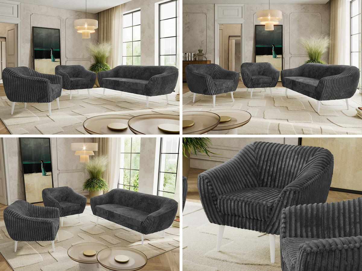 SEDACÍ SOUPRAVA 3+1+1 PIRS - Šedá Manšestr - Bílé nohy - šedá/bílá, kompozitní dřevo/textil (180/75/74cm) - MKS